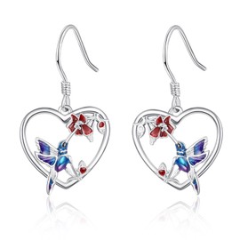 KINGWHYTE Hummingbird Earrings 925 Sterling Silver Heart Earrings Hummingbird Flower Dangle Earrings Cute Animal Jewellry Birthday Christmas Gifts for Women Girls
