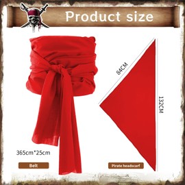 Augesak Pirate Headscarf + Pirate Belt Sash, Pirate Bandana Men Women Pirate Headband Waist Belt Pirate Accessories for Halloween Carnival Cosplay Red