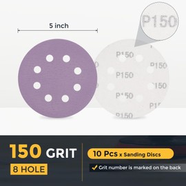 HARFINGTON 10 Pcs 5 Inch Sanding Disc 8 Hole 150 Grit Hook and Loop Sandpaper Random Orbital Sander Pads for Woodworking Automotive Metal Polishing, Purple