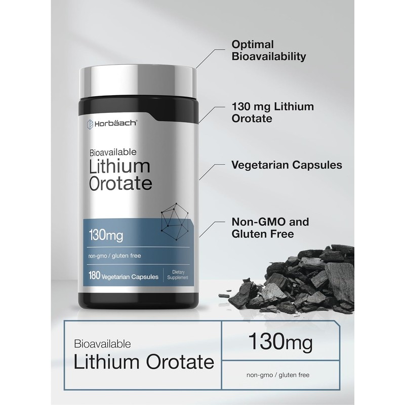 Horbäach Lithium Orotate 130mg | 180 Capsules | Non-GMO, Gluten