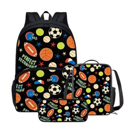 JHQFWMKJ Boys School Backpack with Lunch Bag 3 in 1 Balls Print Pen Case for Kids Elementary School Backpack 17 inch with Laptop Compartment and Insulated Lunch Box with Zipper Pockets