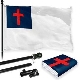 G128 Combo Pack: 5 Ft Aluminum Spinning Flagpole (Black) & Christian Flag 2x3 Ft, LiteWeave Pro Series Printed 150D Polyester | Pole with Flag Included