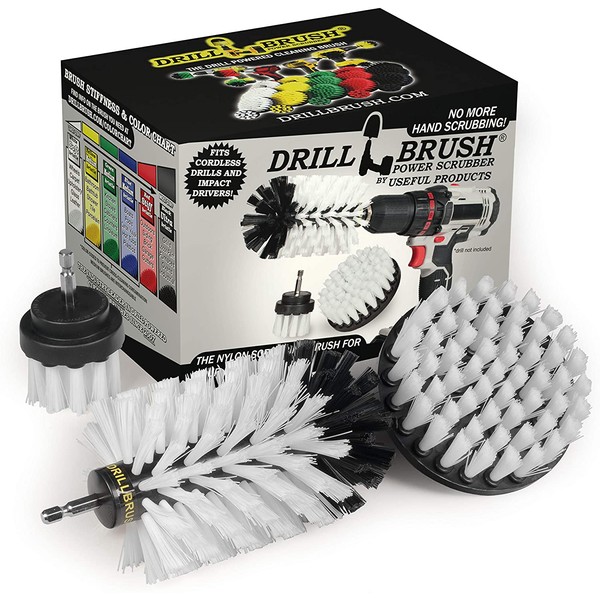 Drill Brush Power Scrubber by Useful Products – Drillbrush White 3 Piece Automotive Cleaning kit - upholstery cleaner scrub brush - Car Cleaning Kit - Furniture Cleaner Brush Drill Attachment Set