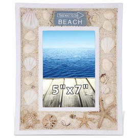 CoTa Global Oceanic Sea Turtle Photo Box Frame 5X7 Frame - White Wood Seashell Photo Frame for Summer Vacation Memory, Handmade Tropical Sand Nautical Picture Frame For Tabletop or Wall Hang - 11 Inch