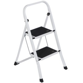 SEGAWE 2 Step Ladder Folding Step Stool Sturdy Steel Ladder with Anti-Slip Pedal White