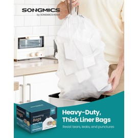 SONGMICS Trash Bags, 5.3-Gallon Heavy-Duty Garbage Bags with Drawstrings, 160 Count, Liner Code L, Quick-Dispense Box, Cream White UKRB021A04