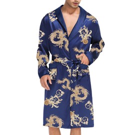 SWOMOG Mens Silk Robe with Shorts Set Satin Long Sleeve Kimono Bathrobe Blue Dragon Small