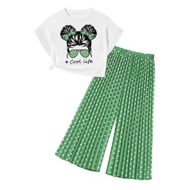 ADIFUN Girls Clothes Size 7 Size 8 Crop Tops Green Polka Dot Pleated Pants 2 Piece Spring Summer T shirt School Outfits Kids Girls' Clothing Set Size 7-8