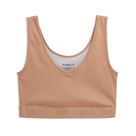 TomboyX V Neck Compression Bra, Chest Binder Alternative, Wireless Full Coverage Medium Support Top, Athletic Sports Bra -Medium/Chai