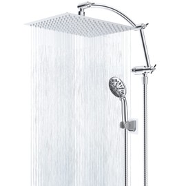 Hibbent All Metal 12'' Shower Head, High Pressure Rainfall Shower Head, Handheld Showerhead Combo, 16'' Adjustable Shower Extension Arm, 7-Spray, 71'' Hose Adhesive Showerhead Holder, Chrome