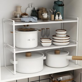 Ymeibe 2 Pack Stackable Cabinet Shelf Organizer - Heavy-Duty Coated Metal Storage Rack, Non-Slip Space-Saving for Kitchen Pantry, Under Sink, Cupboard, Countertop (Mesh White)