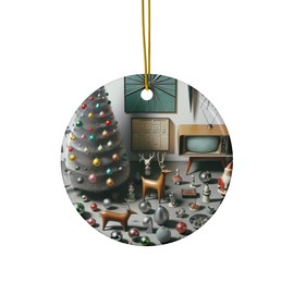 DistinctInk Hanging Ceramic Christmas Tree Ornament with Gold String - Great Gift/Present - 2 3/4 inch Diameter - Vintage Mid-Century Yuletide