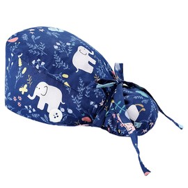 Tomedeks Scrub Hats Surgical Women,Long Hair Bouffant Hat,Scrub Cap,Surgical Cap,Printed Bouffant Turban Cap,Adjustable,Medical Scrub Caps Women With Button Closure,Cotton Scrub Hat(Elephant)