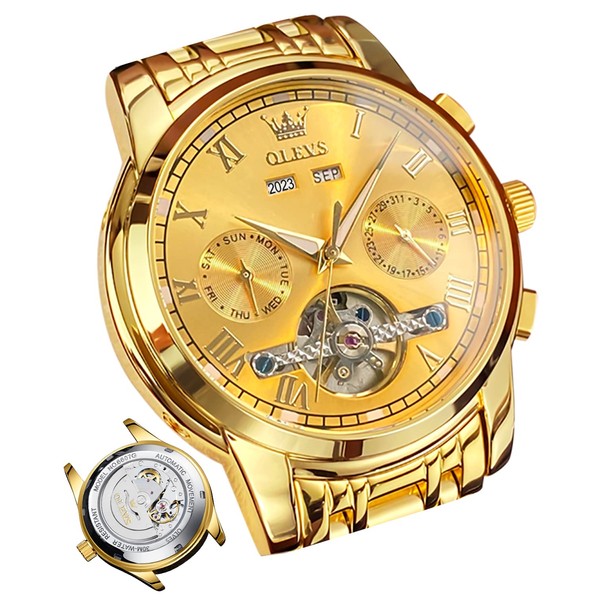 OLEVS Men's Watches Automatic Gold Black Mechanical Watch with Tourbillon