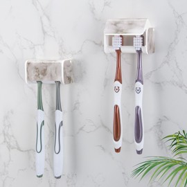 PARKMANI 2 PCS Toothbrush Holders Wall Mounted with Cover, Electric Tooth Brushing Holder for Bathroom, 2 Slots Self Adhesive Toothbrush Organizer, Toothbrush Stand for Family, Kids (2, White Marble)