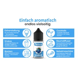 Twizzy Blaubeere Lebensmittelaroma - 30ml - Intensives Aroma – Ideal zum Backen, in Lebensmitteln & Getränken, auch für Vernebler, Nebelmaschinen, uvm.
