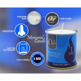 1 Day Yahrzeit Candle - 12 Pack - 24 Hour Kosher Yahrtzeit Memorial and Yom Kippur Candle in Tin Cup Holder