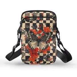 TSOVTHRID Men's 2 Layer Black Gray Butterfly Red Poppy Plaid Cross Body Bag, Zipper Messenger Bags Travel Passport Wallet Sling Bag