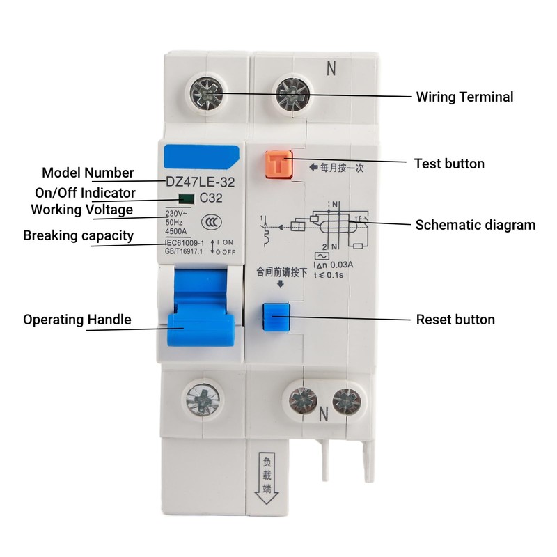DZ47LE-32 1P+N C32 Miniature Circuit Breaker RCCB 30mA 230V for