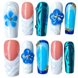 Handmade Press On Nails Medium Long Square Shape 3D Blue Floral & White French Tips | Ocean-Inspired Nail Art Wave Design, Reusable Acrylic False Nails for Elegant Style​ (Blue Floral, S)