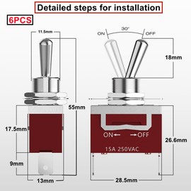 HUAZIZ Rocker Switch 15 A/250 VAC, On/Off Rocker Switch, SPST 2-pin Rocker Toggle Switch with Waterproof Protective Cap, for Car, Truck, Boat, Pack of 6