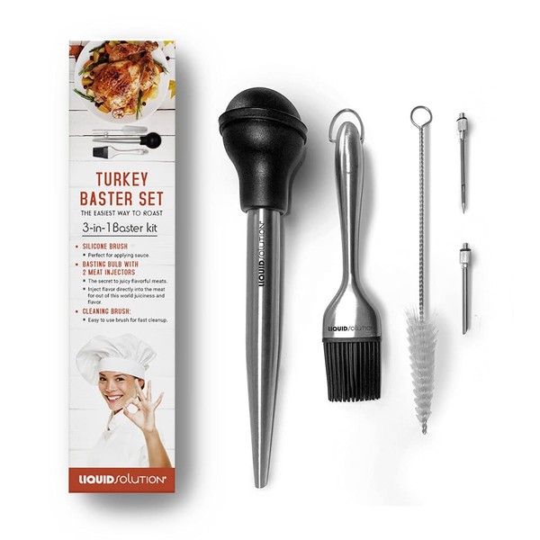 Liquid Solution Turkey Baster 5 Piece Set, Includes Baster for Cooking, Barbecue Basting Brush, Flavor Injector with Cleaning Brush - Perfect for Thanksgiving or regular cookout