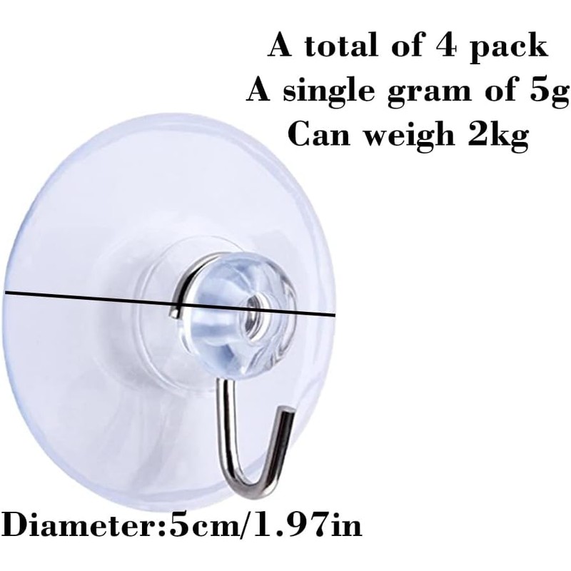 4 Pack Clear Suction Cup Hooks - Strong Adhesive Wall