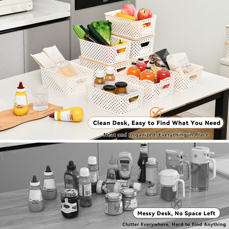 8 Pack Small Plastic Storage Bins with Bamboo Lids, Stackable