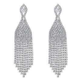 BriLove Women's Wedding Bridal Long Fringe Tassel Earring Rhinestone Crystal Beaded Chandelier Statement Dangle Earrings Clear Silver Tone