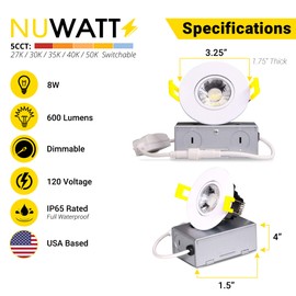 NUWATT 3 Inch LED Gimbal Ceiling Light, Canless Recessed LED, 5CCT 2700K-5000K All in 1 Fixture, 8W, 600 Lumens, Dimmable, 120V, White Finish (1 Pack)
