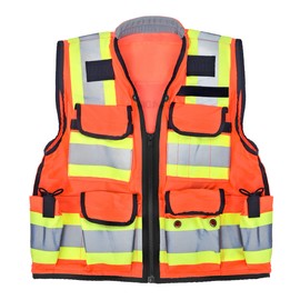 AdirPro Surveyor Safety Vest with Pockets - High visibility Reflective Construction Vest for Men - Class 2 Heavy Duty Vest ANSI Complaint for Contractors and Surveyors (Orange, Medium)