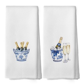 shiviody Chinoiserie Champagne Kitchen Towels - Blue and White Dish Towels, Gifts for Wine Lovers, Coquette Bow Decorative Absorbent Dishcloths Hand Towel for Bar Club Decor 16x24 Inches