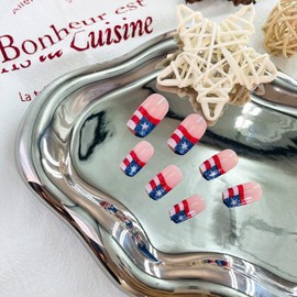 Independence Day False Nails July 4th Press on Nails French Tip Short Stick on Nail Glossy Coffin American Flag Full Cover False Nail Reusable for Women 24Pcs