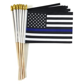 QQSD Thin Blue Line American Police Small Flag Stick Mini Hand Held Flags - Honoring Law Enforcement Officers - Solid Wooden Pole with Spear Top, 12 Pack
