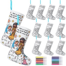 Shinymoon 12 Pcs DIY Coloring Religious Christmas Stockings with Markers Color Your Own Christmas Stocking Xmas Holy Nativity Scene Stockings Family Set for Holiday Decor Kids DIY Crafts Gifts