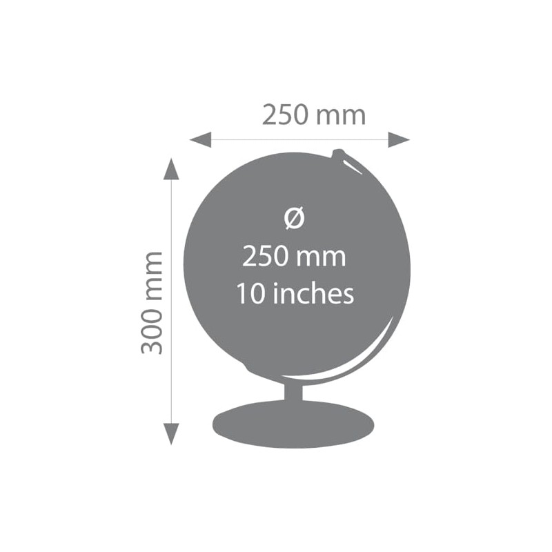 25cm Diameter Globe - PLANET - Chrome Metal Base Topographic