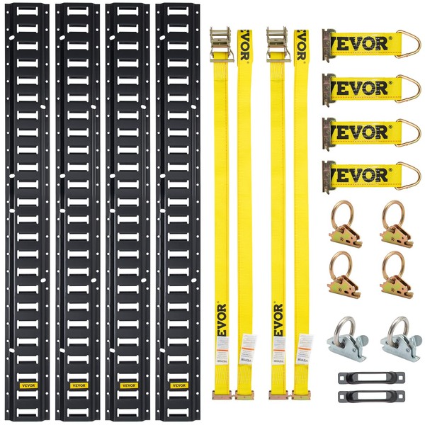 VEVOR E-Track Tie-Down Rail Kit, 5' E Tracks Set, 18Pcs Includes 4 Steel Rails & 2 Single Slots & 6 O-Rings & 4 Tie-Offs w/D-Ring & 2 Ratchet Straps, Cargo Motorcycles Bikes Securing Accessories
