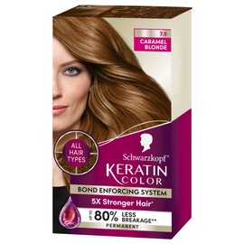 Schwarzkopf Keratin Color Permanent Hair Color, 7.5 Caramel Blonde, 1 Application Professionally Inspired Permanent Hair Dye for up to 80% Less Breakage vs Untreated Hair and up to 100% Gray Coverage