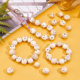 PH PandaHall 100pcs 5 Styles Smile Face Wood Beads, 15~18mm Wooden Beads with 4~5mm Hole Spacer Beads Wooden Loose Bead for Angel Head DIY Bracelet Necklace Jewelry Macrame Hair Crafts Christmas Decor