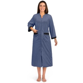 PAVILIA Premium Womens Robe Housecoat, 3/4 Sleeves Zip Up Nightgown For Women with Pockets, Soft Bathrobe Zipper Loungewear Dress Sleepwear (2XL/3XL, Navy)