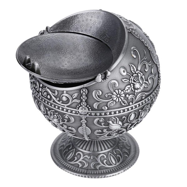 Vintage Art Craft Ashtray Metal Round Ball Stamped Pattern Gift Decoration for Using at Home, Hotel, and High-level Club (Silver)