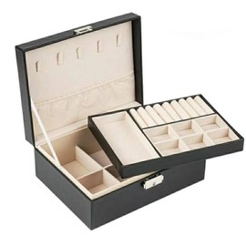 Earring Jewelry Box Wear Resistant Double Layer Large Capacity Jewelry Storage Box with Safety Lock Black 23x17x9CM