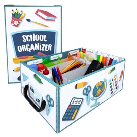 Lavatelli School Organiser, Cardboard Box for Children School Supplies, Stationery & Creative Material, 4 Adjustable Compartments + Pen Holder, for A4 Sheets, Pens & Markers, 32 x 22.5 x 15 cm