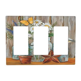 Farmhouse Floral Dasiy Flower Vintage Triple Rocker Light Switch Plates Outlet Covers Retro Country Decorative 3 Gang Wall Plate Electrical Switchplate Faceplate for Bathroom Home Decor Accessories
