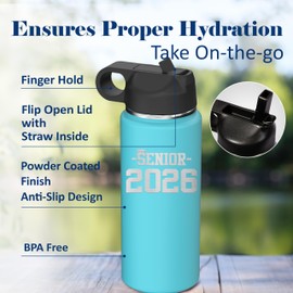 Senior 2026 Grad Insulated Stainless Steel Water Bottle with Flip Top Lid & Straw Graduation Gift Tumbler 18 oz. (Teal)