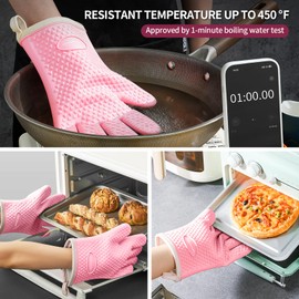MAD SHARK Silicone Oven Mitts Heat Resistant 450 Degrees,Waterproof & Non-Slip Oven Gloves with Fingers,Cotton Lined Silicone Oven Gloves Kitchen Mitts for Baking Cooking Barbecue,Women (Pink)