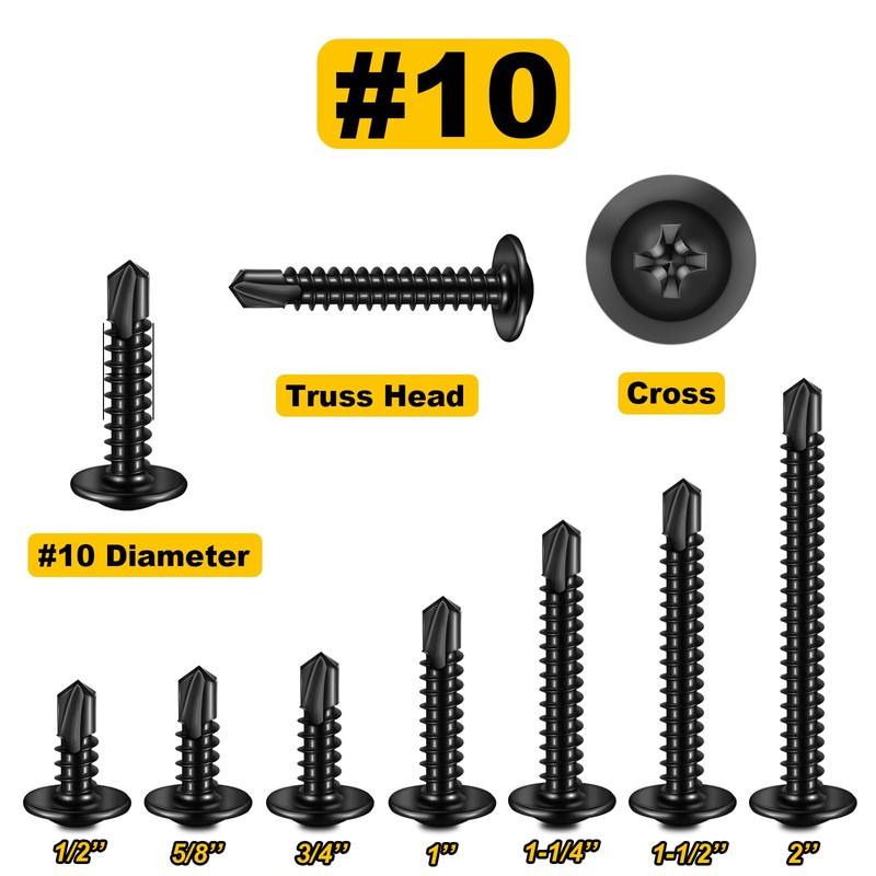Mywish 100Pcs #10×2" Black Self Tapping Screws for Metal, 410