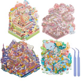 4 Sets Big 3D Sticker Scene DIY House Sticker Your Own Make Warm Mini Home Fun Animal Castle Librarie Scene Stickers for Adult Teens Art Stickers Relief Stress Pass The Time