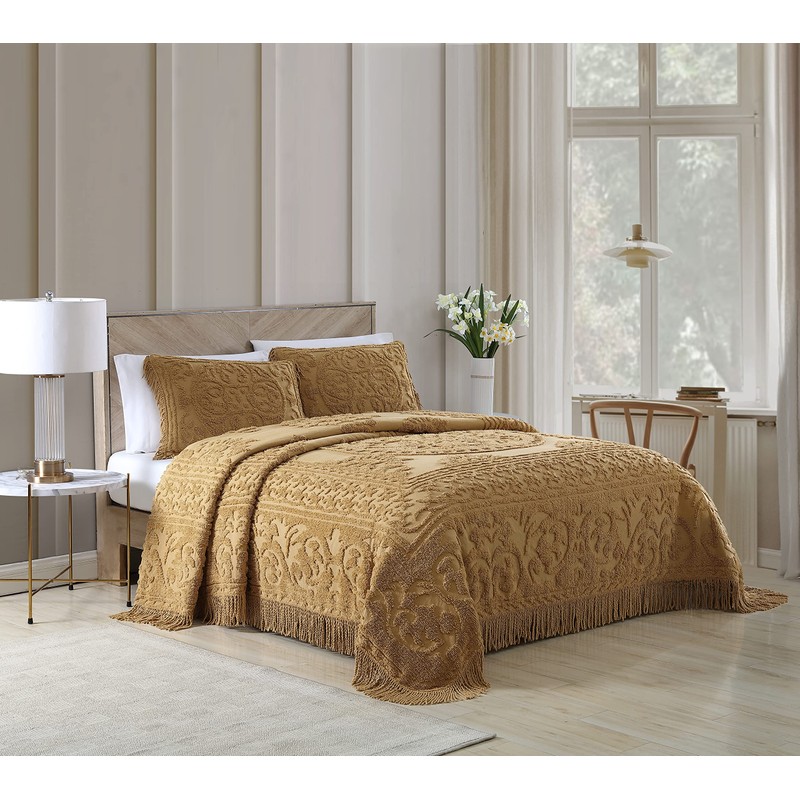 Beatrice Home Fashions Medallion Chenille Bedspread, Standard Sham, Gold