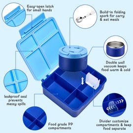 MAXSO Bento Lunch Box Set for Kids with 8 oz Soup Thermo, Leakproof Hot Food Container with 4 Compartments, Insulated Food Jar for Toddler Daycare Boys Girls School - Blue